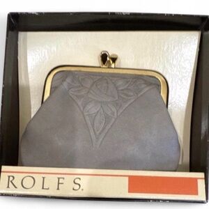 Rolfs Gray Leather Kiss-Lock Coin Purse with Embossed Floral Detail
